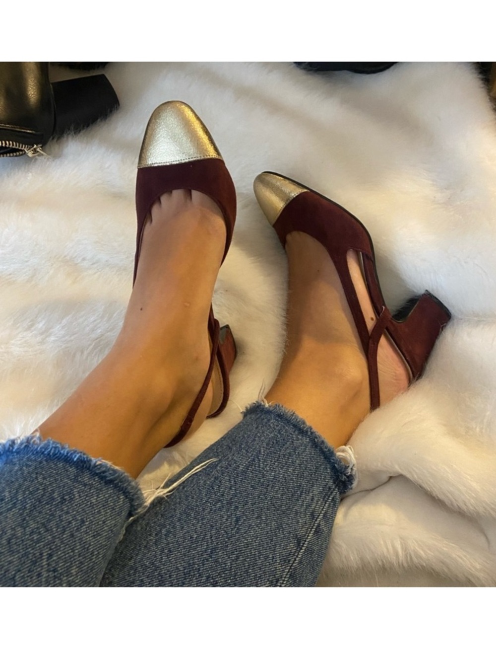 Ivanka Trump Burgundy and Gold Slingback Block Heels